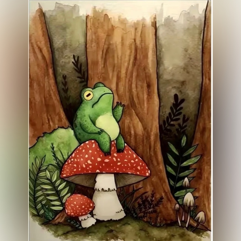 Chubby Green Frog Toad Sitting on Red Mushroom Enchanted Forest Canvas Print New